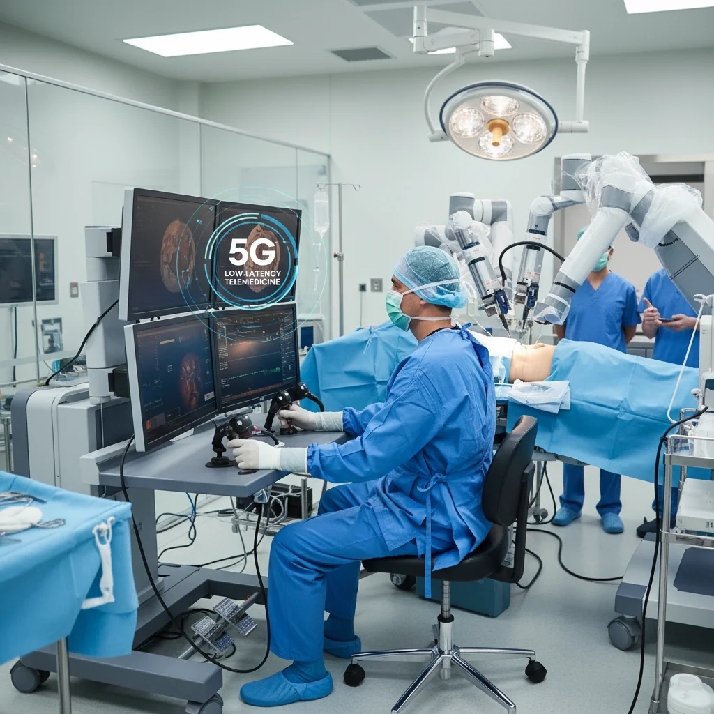 Surgeon using robotic arm for remote surgery via 5G network