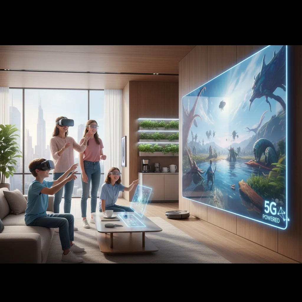 Family enjoying VR games and 8K streaming in a 5G-powered smart home