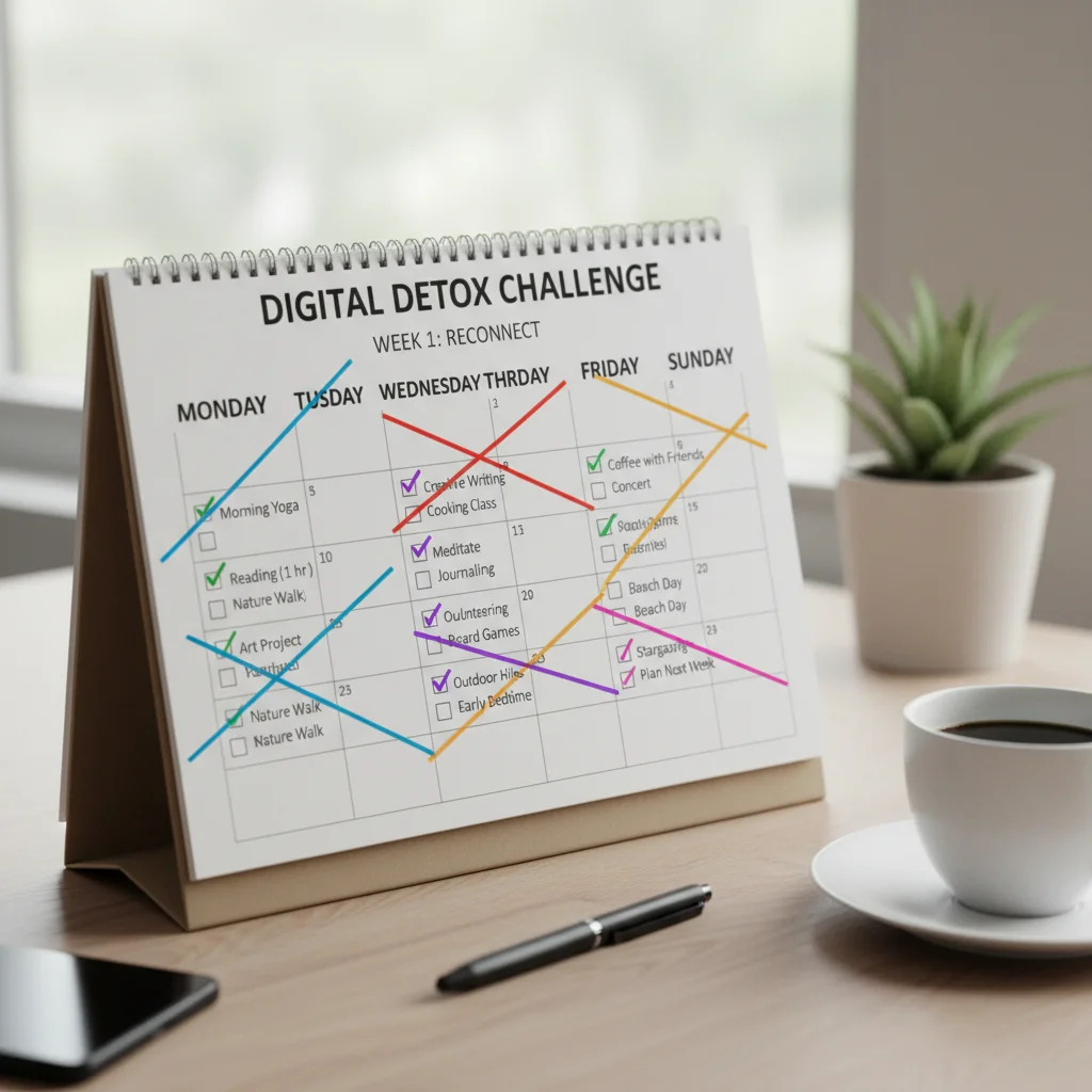 7 day digital detox plan calendar with completed tasks