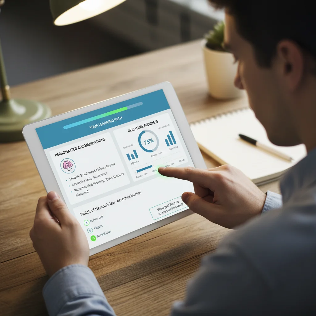 Student interacting with an adaptive learning platform showing personalized content and progress.