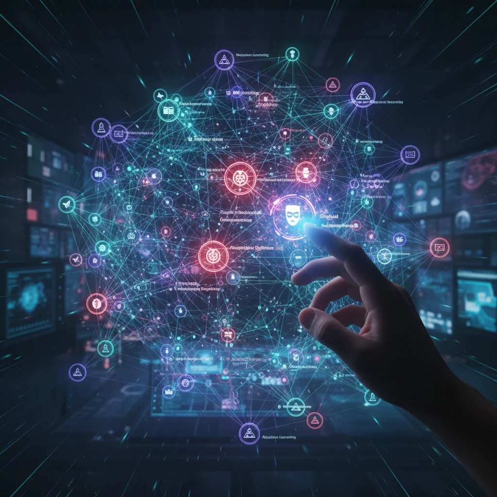 Complex AI network illustrating data flow and bias correction