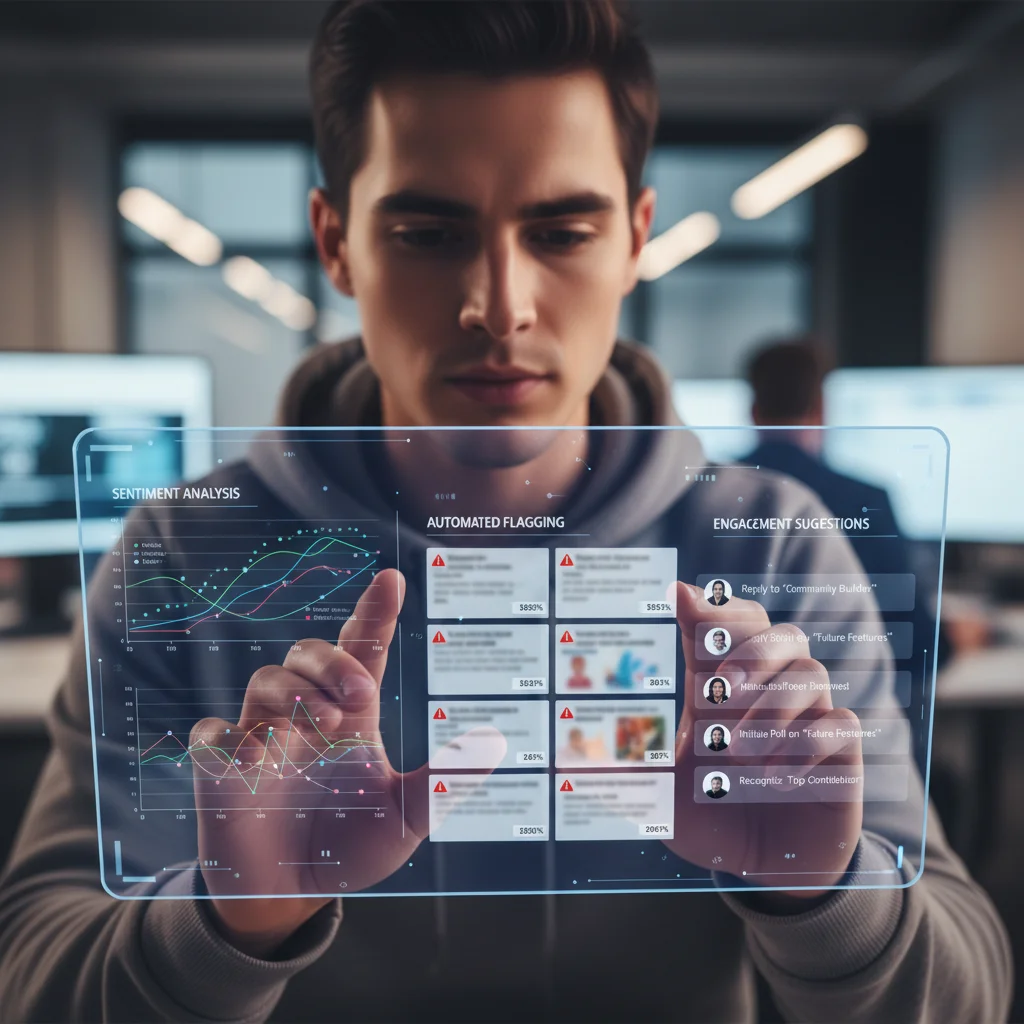AI-powered community moderation dashboard showing sentiment analysis and content flagging.