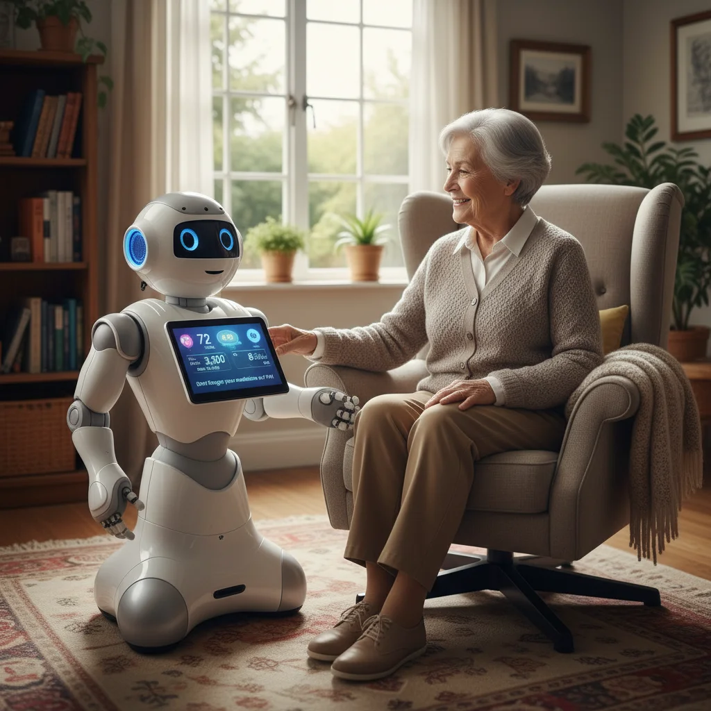 Elderly person interacting with an AI companion robot providing health monitoring and assistance.