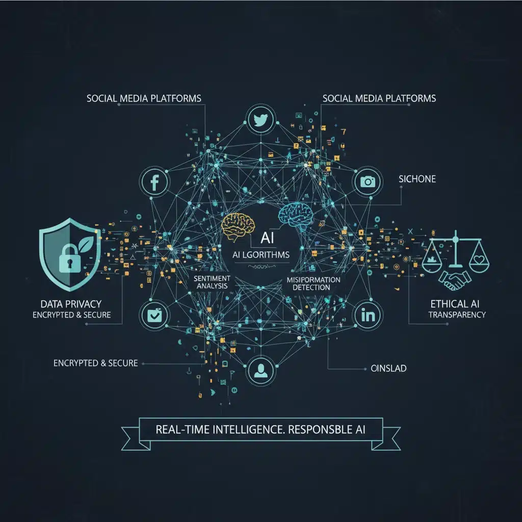 AI and data ethics in social media, illustrating the analysis of sentiment and misinformation for improved public discourse.