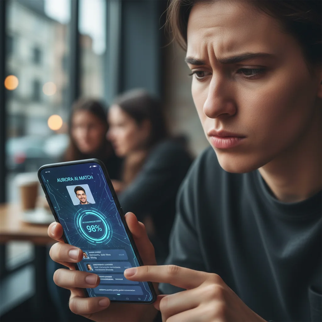 AI-powered dating app on a smartphone, showing personalized relationship suggestions.