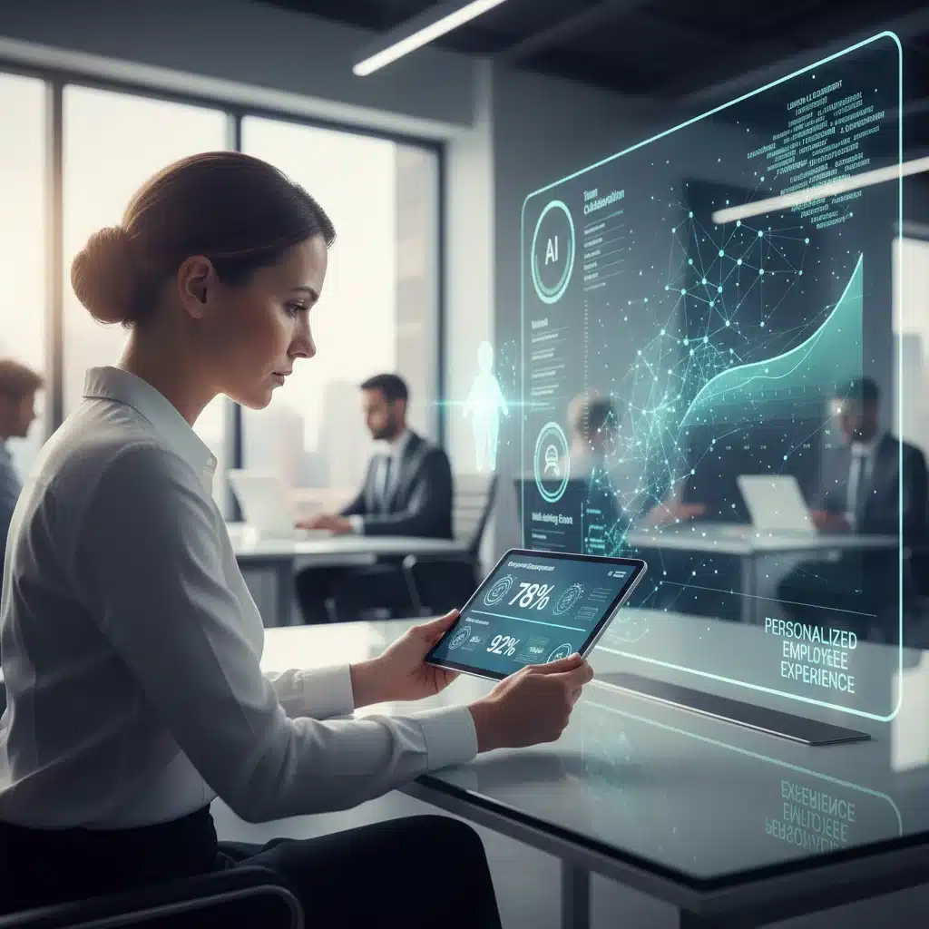 AI dashboard showing employee engagement and well-being data, analyzed by HR.