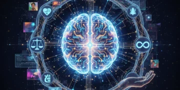 Futuristic AI brain with ethical guidelines for content creation