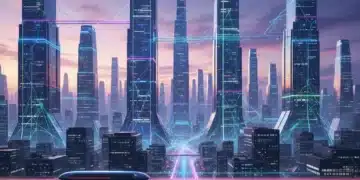 Futuristic city with glowing AI networks and diverse people, symbolizing AI's impact.