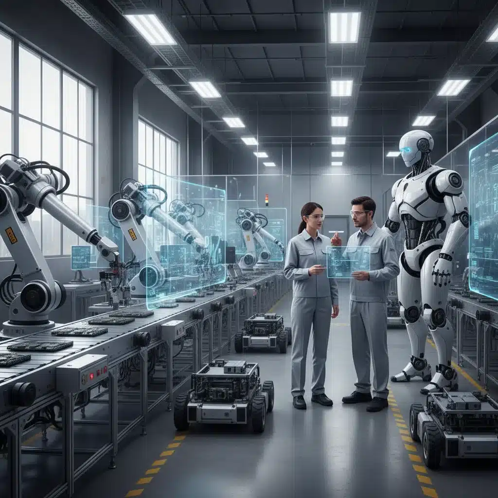 Robots and humans collaborating in a modern factory, showcasing AI in the workplace.