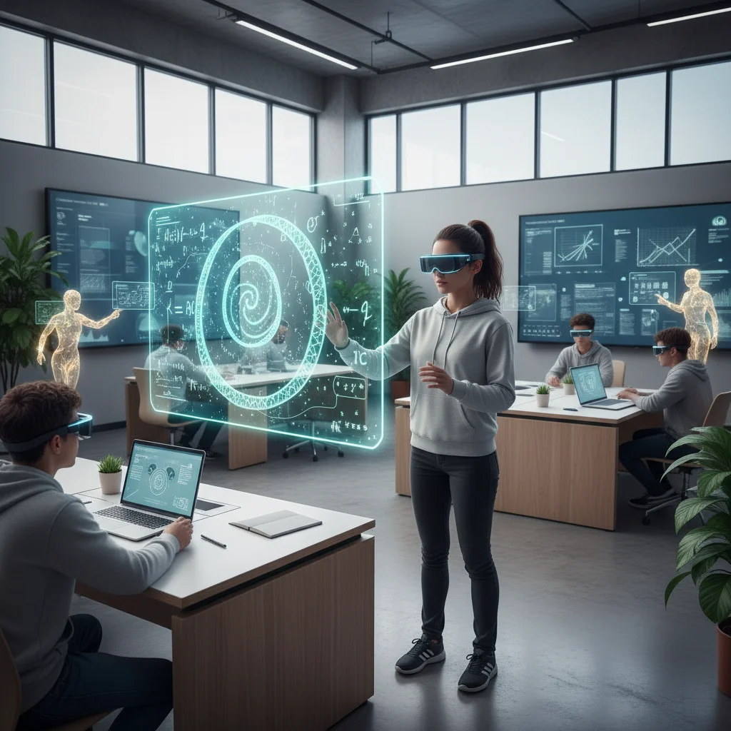 Student using augmented reality for personalized AI education, visualizing complex data.