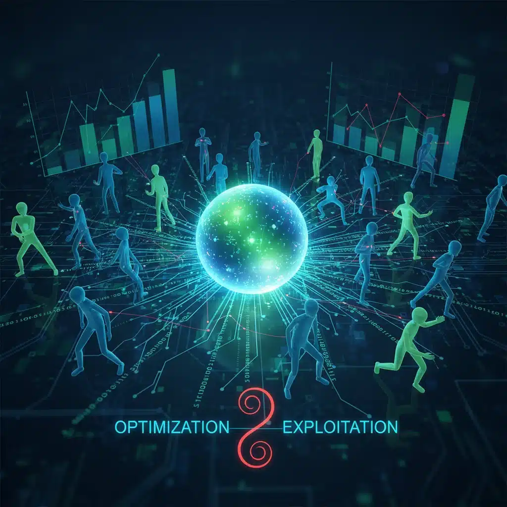 Abstract representation of algorithmic management controlling gig workers with data and code.