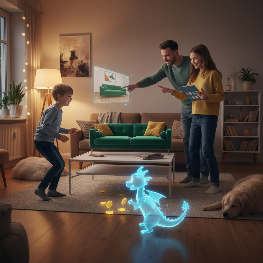 Family using augmented reality for home decoration and interactive gaming in their living room.