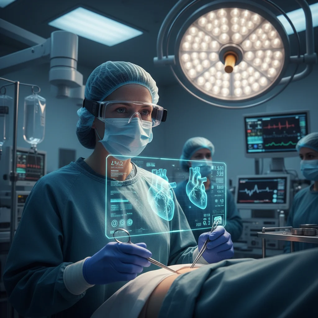 Surgeon using augmented reality for precise medical procedures in an operating room.
