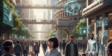 People interacting with augmented reality in a futuristic city setting, showcasing various daily applications.