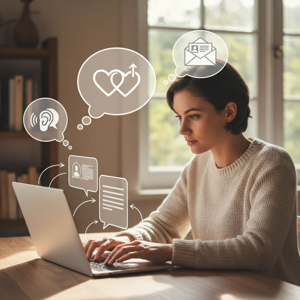 Person typing on laptop, surrounded by thought bubbles representing empathetic and personalized digital communication.