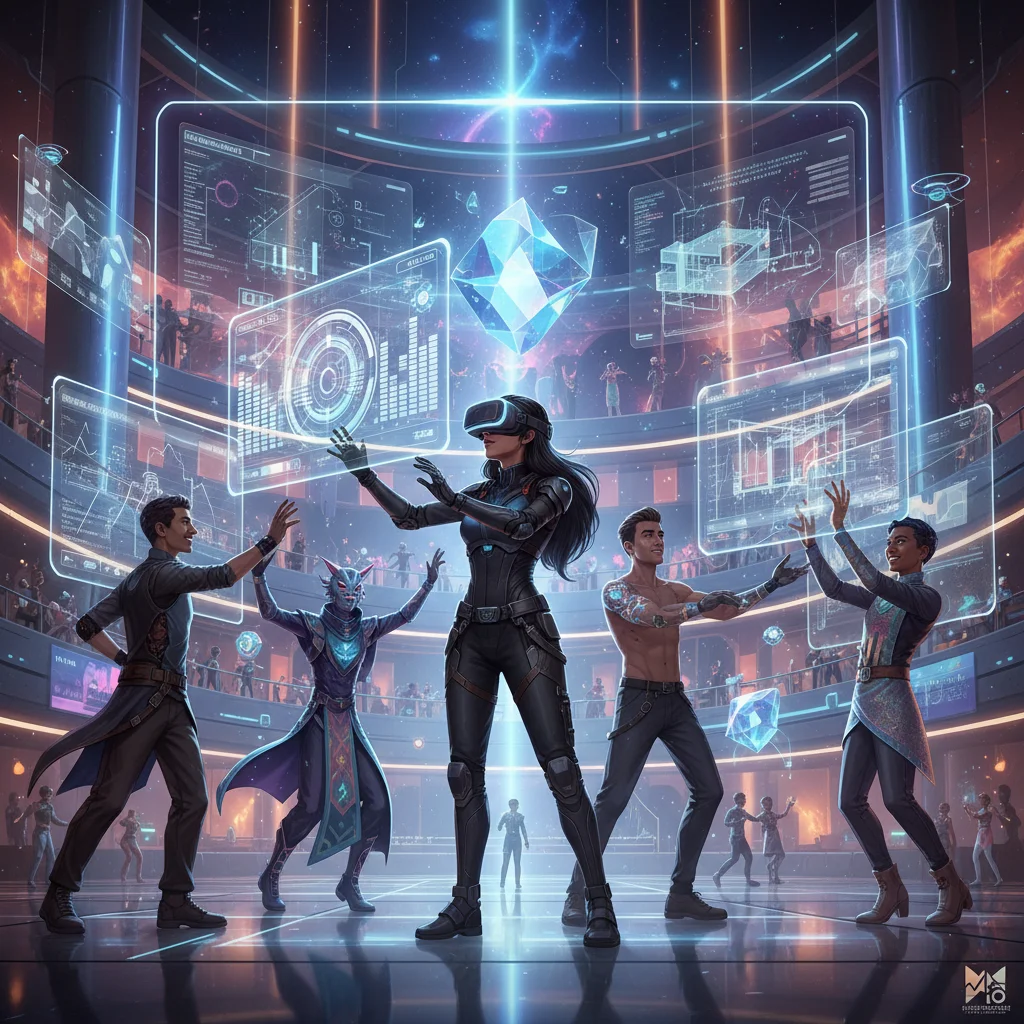 Avatars interacting in a virtual social space, showcasing metaverse collaboration.