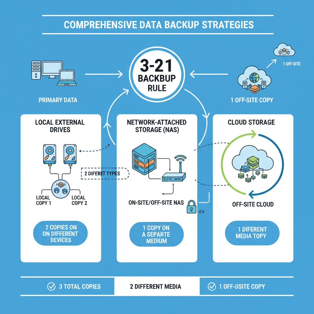 Infographic showing 3-2-1 backup rule for digital data preservation