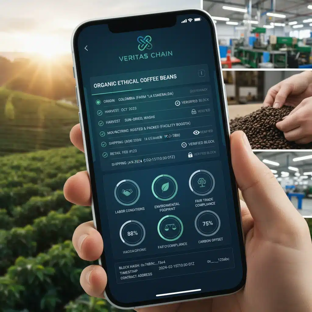 Blockchain supply chain tracking application on a smartphone, showing product transparency.