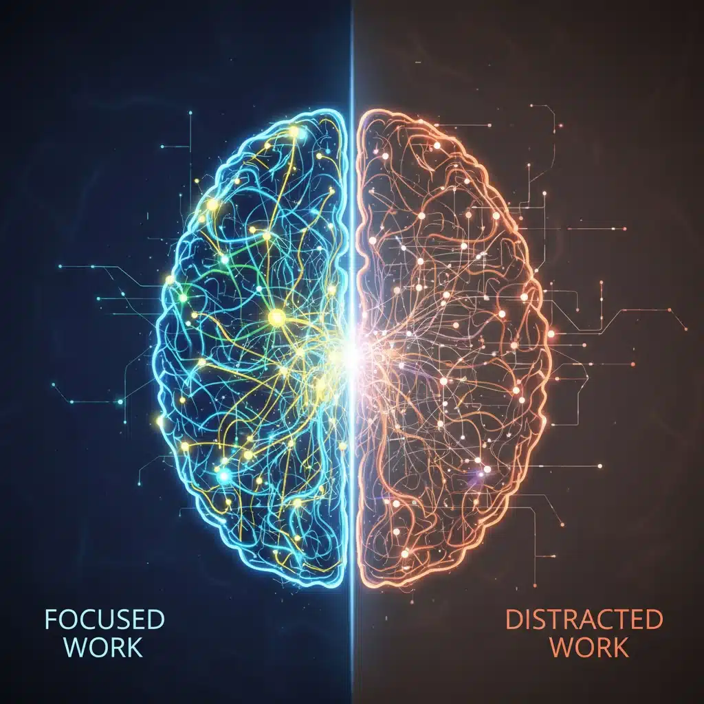 Brain activity comparison during focused versus distracted work