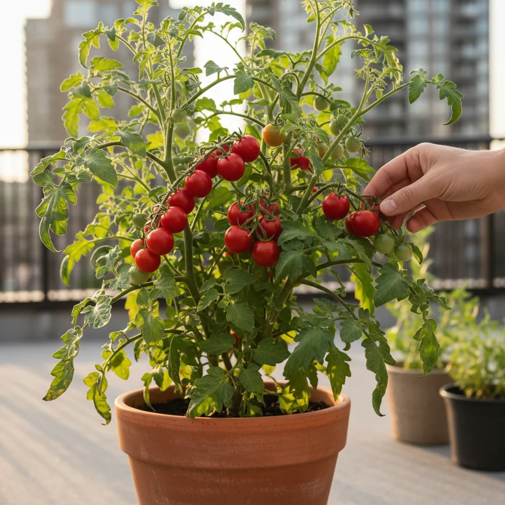Cherry tomato plant in a pot on an urban patio, ripe for harvest