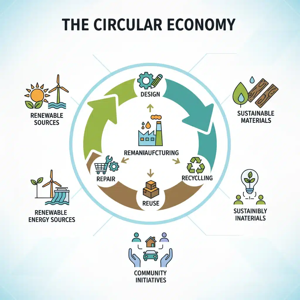 Infographic depicting the circular economy model with product lifecycles and waste reduction.