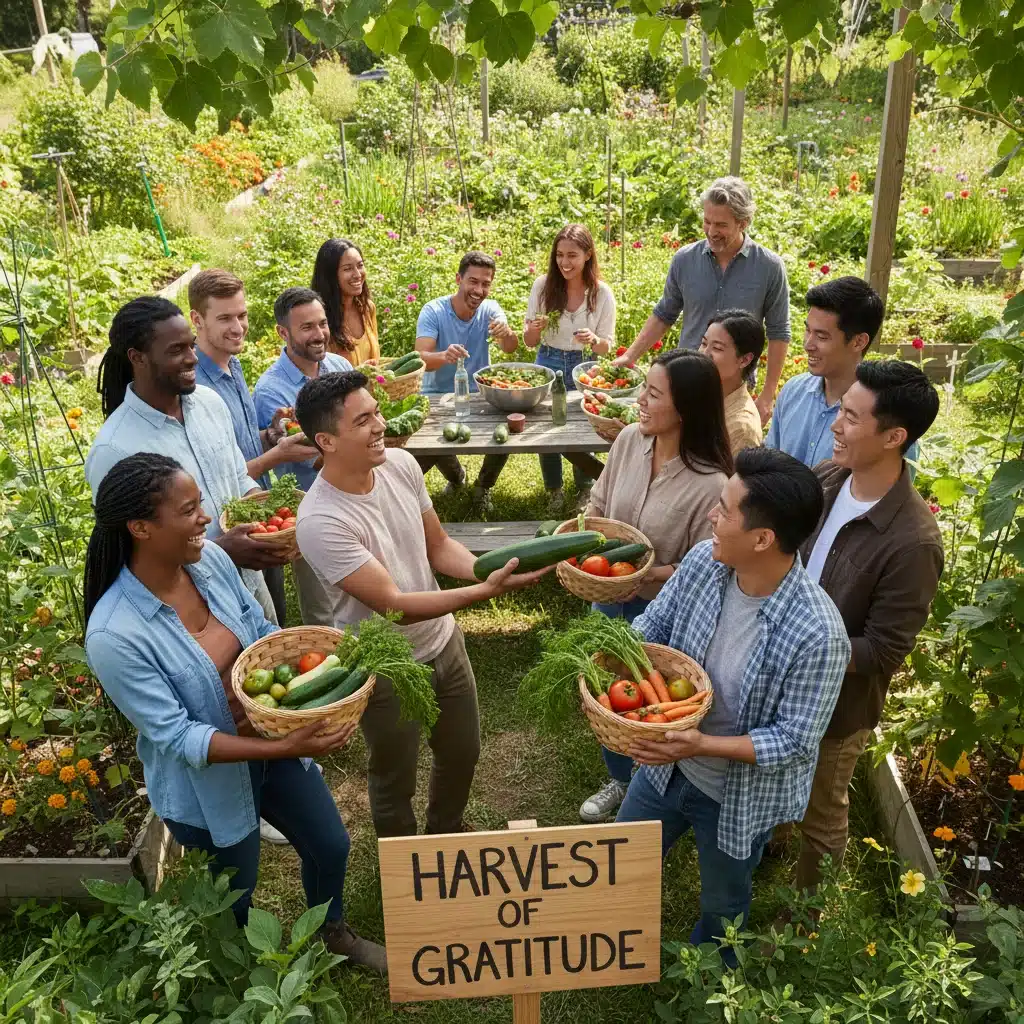 Diverse group of happy people in a community garden, sharing produce and smiling.