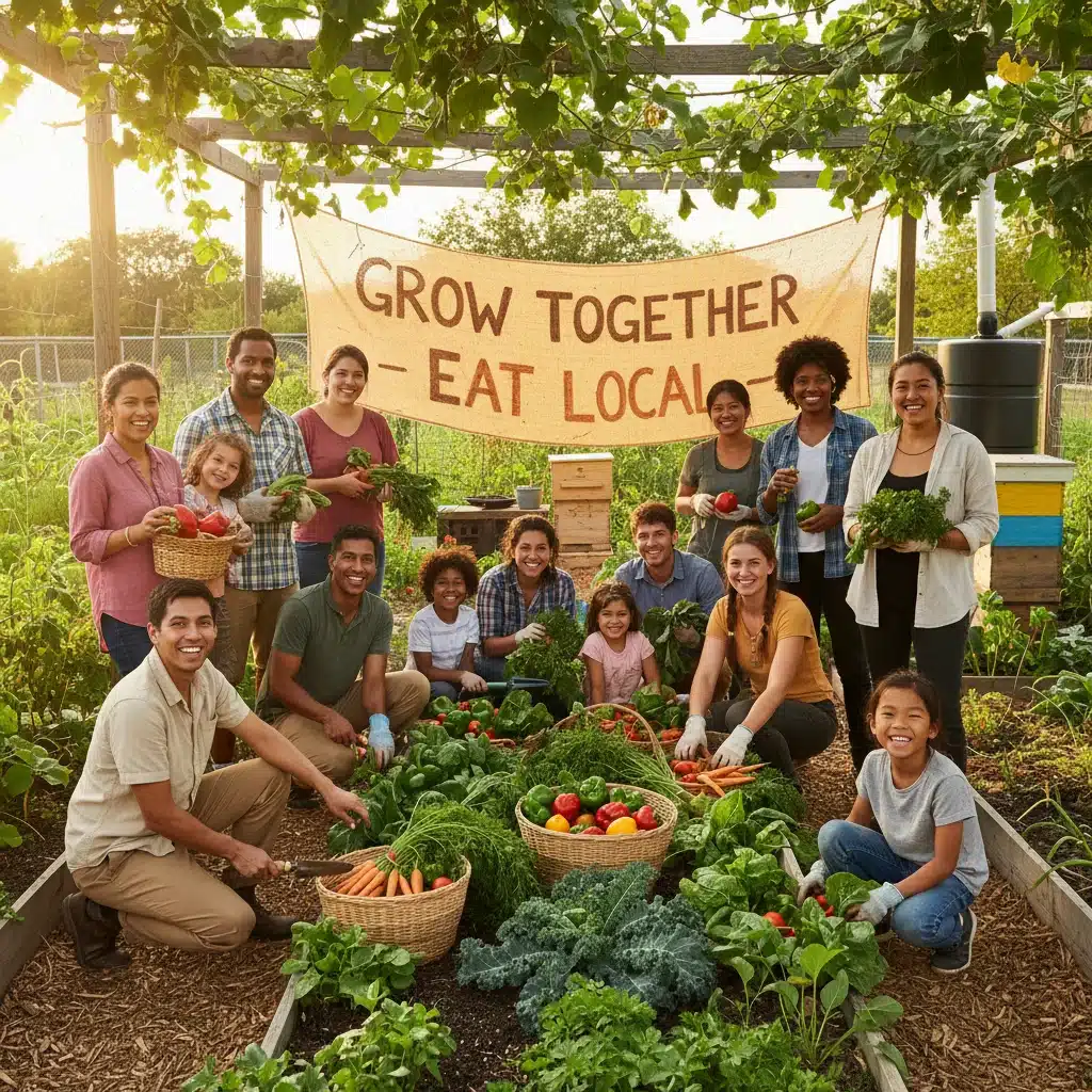 Community garden with diverse participants harvesting organic produce.