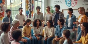 Diverse community members engaging in mental health support