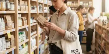 Person making conscious shopping choices in a sustainable store setting.