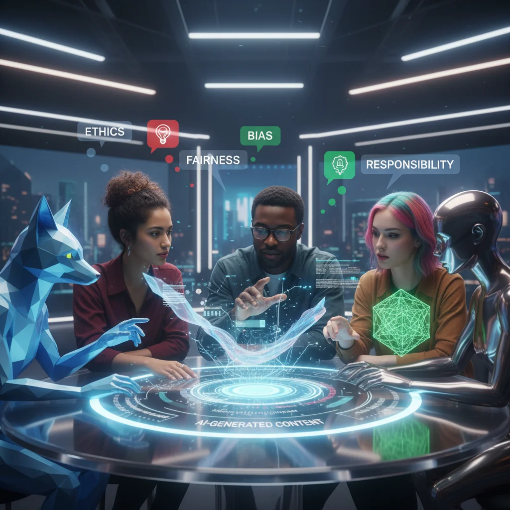 Diverse content creators collaborating on AI ethics for digital content