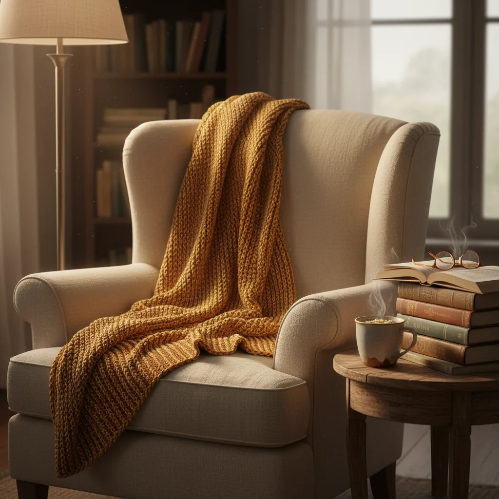 Cozy reading nook with armchair, tea, and warm lighting