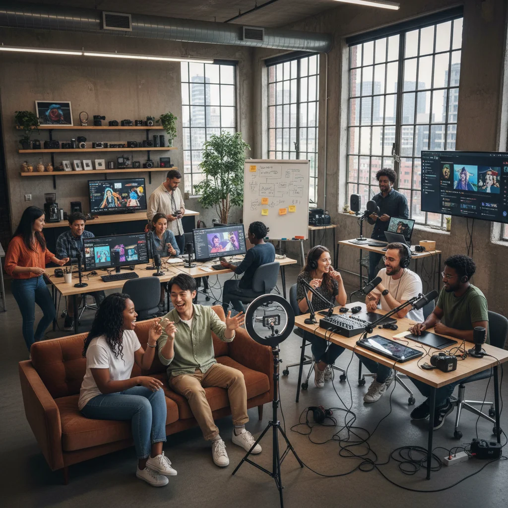 Diverse content creators collaborating in a modern studio environment.