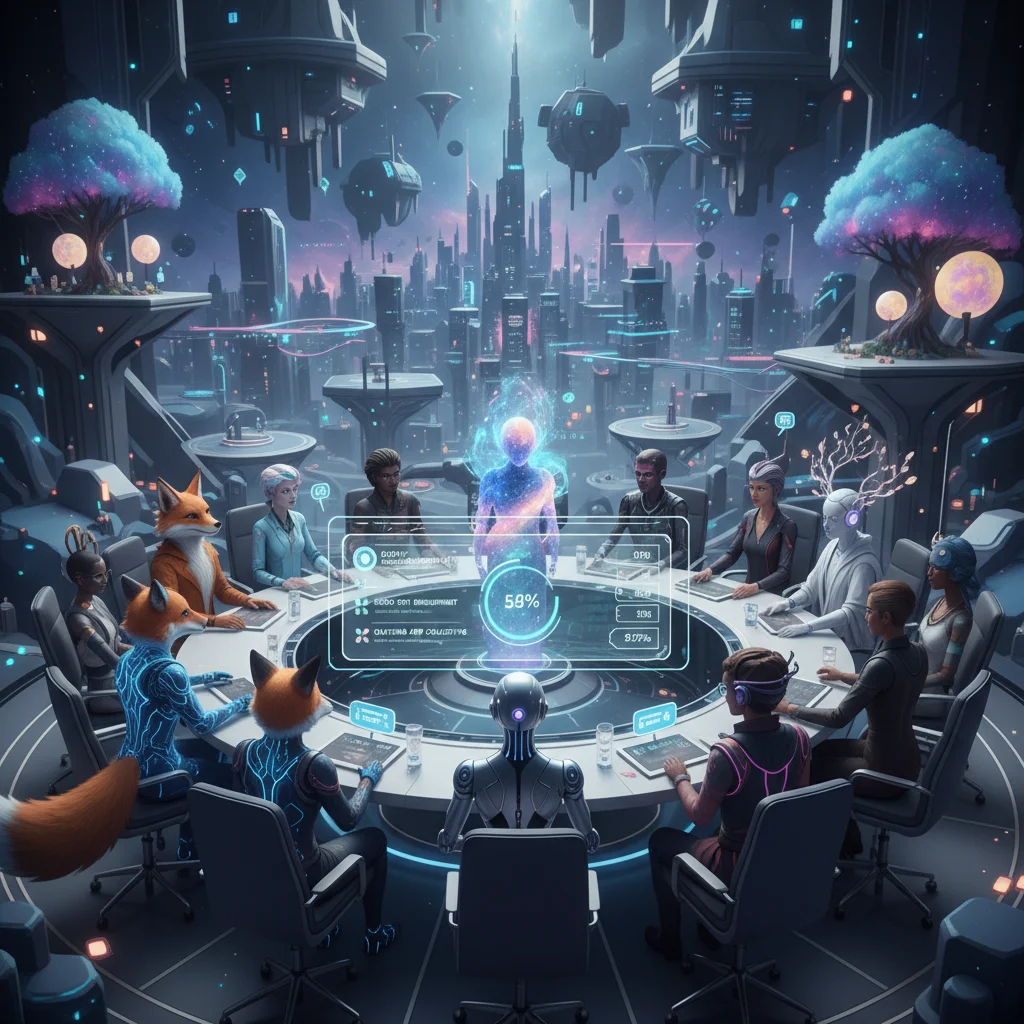 Diverse avatars participating in a decentralized autonomous organization (DAO) meeting in the metaverse.