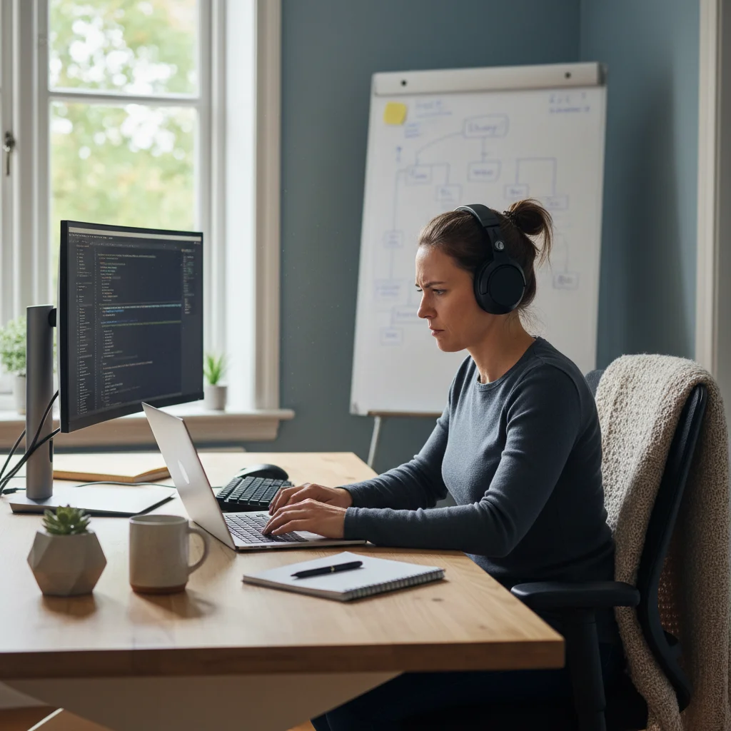 Individual in deep work state with noise-canceling headphones