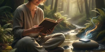 Person enjoying nature, reading, away from phone for digital detox
