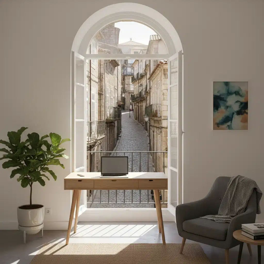 Minimalist digital nomad apartment with workspace in historic European city.