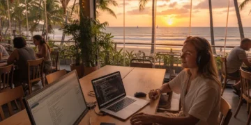 Digital nomad working on laptop with ocean view, surrounded by modern tech gear.