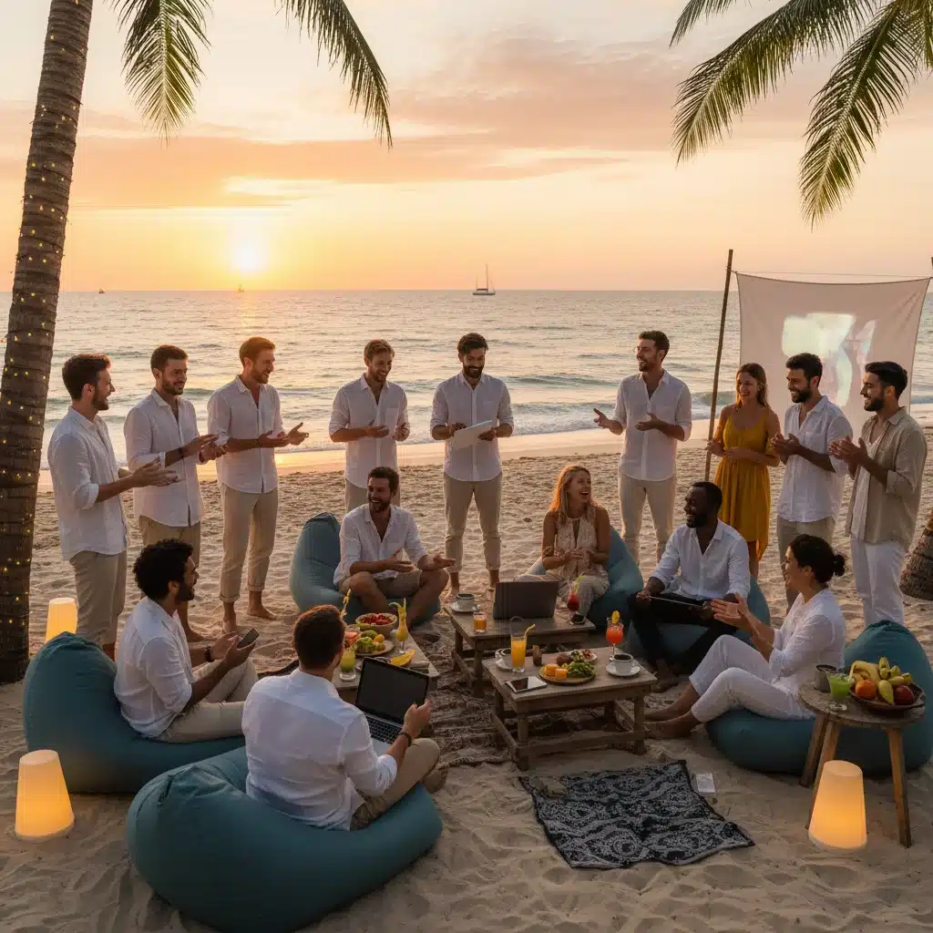 Diverse digital nomads socializing at a beach sunset gathering