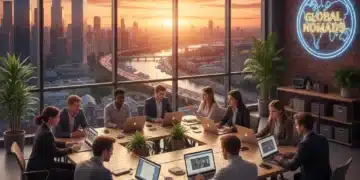 Digital nomads working in a modern co-working space overlooking a city skyline, symbolizing global remote work.