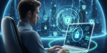 Illustration of a user securing their digital life with a laptop and cybersecurity symbols