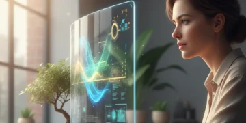 Person calmly interacting with a futuristic screen, embodying digital wellbeing and reduced screen fatigue.