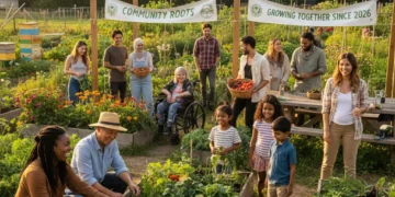 Diverse community members engaging in a vibrant garden scene, fostering connection