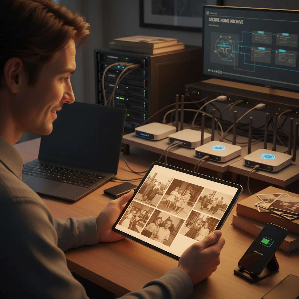Person enjoying old digital memories on a tablet, showcasing successful long-term digital preservation