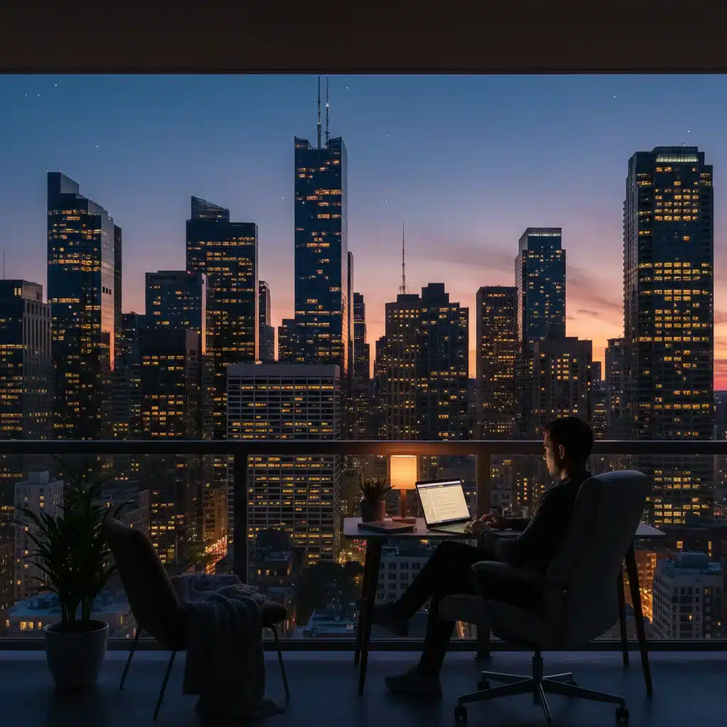City skyline at dusk with a person working remotely, representing the shift to flexible work.