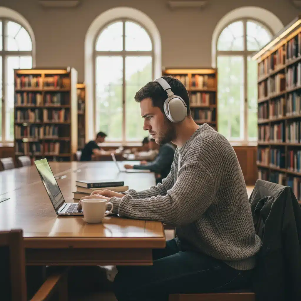 Individual with noise-canceling headphones deeply focused on work