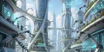 Futuristic cityscape with robots and humans collaborating, symbolizing automation's impact on work.