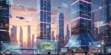 5G Impact on Daily Life: What to Expect by 2026 Futuristic cityscape with glowing 5G network lines connecting smart devices and people