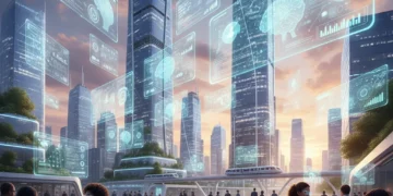 AI's Daily Life Impact: 5 Changes by 2026 Futuristic cityscape with people interacting with AI interfaces, symbolizing AI's integration into daily life by 2026.