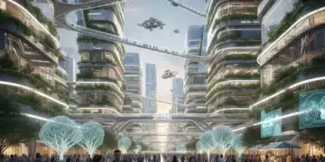 Urban Evolution 2026: Smart Cities, Sustainable Living, and Community Well-being Futuristic cityscape with smart infrastructure and green spaces.
