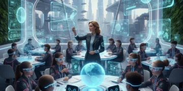 Education Trends 2026: Shaping Lifelong Learning & Workforce Readiness Futuristic classroom with students using advanced AI learning tools and holographic displays.